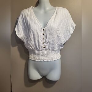 Japna White Puff Sleeve Smocked Blouse, Size Small